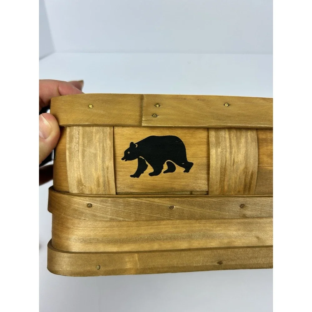 Vintage Rustic Bentwood Basket Bear Moose Fish Leather Handles Cabin Lodge Decor